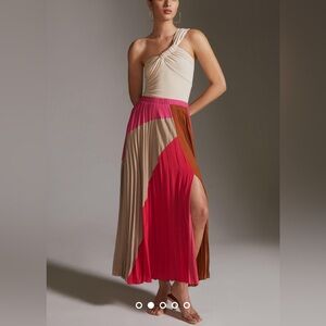 New ANTHROPOLOGIE Dolan Left Coast Pleated Colorblock Maxi Skirt Pink Tan Sz XS